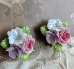 陶器製 フラワー 薔薇 パンジー イヤリング ヴィンテージ