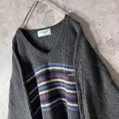 希少XL★Vネック ウール ニット セーター センターボーダー ワンポイント刺繍