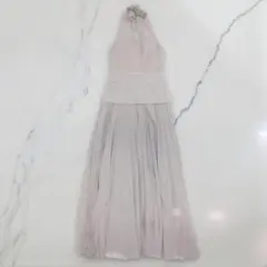 ホルターネック シフォンプリーツロングドレス グレー
