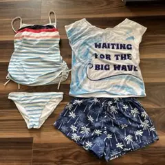 レディース・女の子用水着セット（ストライプ・Tシャツ付き）4点セット