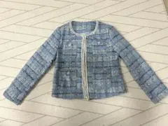 水色 ツイード ノーカラージャケット S