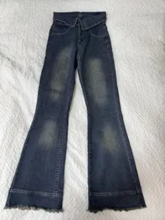 GRL ks003 ウエスト折り返しフリンジフレアデニム ネイビーS