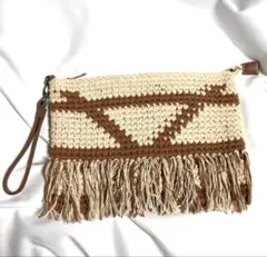 フリンジ付き編み物クラッチバッグレディースバッグブラウンベージュ