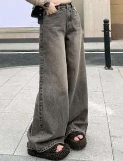ハイウエスト ワイドデニムパンツ グレー　ダメージジーンズ　SHEIN DAZY