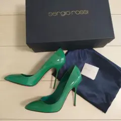 セルジオロッシ パテント エナメル パンプス ヒール グリーン 38