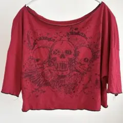 ロムウェ　地雷系　パンク　スカル　赤　ショート丈　ボートネック　カットソー　Ｓ