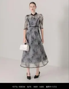 LEJA 配色パイピングプチハイネック花柄刺繍ラメレースロング丈ドレスワンピース