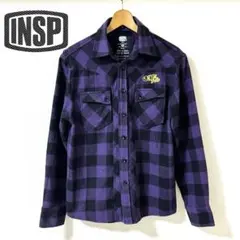 INSP ネルシャツ チェック柄 パープル×ブラック 刺繍ロゴ フランネル 長袖