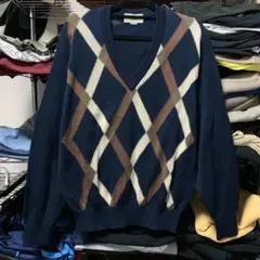 90s アクアスキュータム アーガイル コットンニット ネイビー Vネック