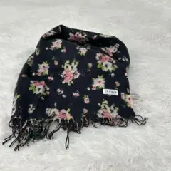 レプシィム花柄ストール ブラック ピンク フリンジ付き　新品　未使用