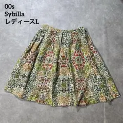 00s Sybilla花柄 リネン混 フレアスカート レディースL 麻 レーヨンのサムネイル