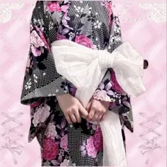 サンリオ#ハローキティ#浴衣#花柄#ピンク#ブラック#黒#フリーサイズ