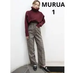 【ムルーア】ハイウエスト　テーパードパンツ　スラックス　チェックパンツ　ブラウン