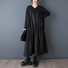 レトロ ブラック ロングワンピース 長袖 拼接 デザイン ファッション 着痩せ
