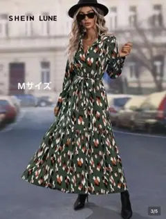 【美品】SHEIN グリーン アニマル柄 シャツワンピース ロング丈 M
