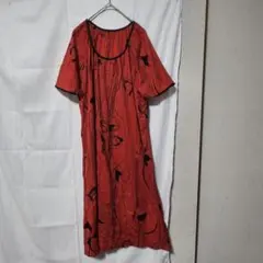 レディース 赤い花柄 フレア袖 ワンピース 薄生地 涼しい ロング 可愛い 古着