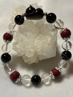 天然石シルバーオブシディアンねこ水晶辰砂オニキスブレスレット