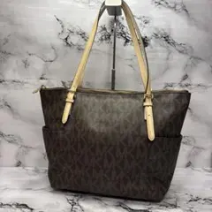 (美品)大人気、マイケルコース、トートバッグ、大容量、A-4可、総柄、PVC、茶