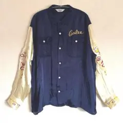 CALEE　ツートーン長袖レーヨンシャツ　スカシャツ　ドラゴン刺繍　Lサイズ
