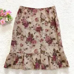 良品★ 【レストローズ】 裾プリーツ Aラインスカート (M) 薔薇 総柄 上品