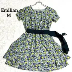 【エミリアン 】花柄ワンピース リボン付き フレア M シフォン　上品　華やかのサムネイル