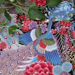 Japanese cut cloth大柄孔雀 青系 約110cm×約200cm