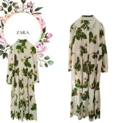 【ザラ】ZARA♡ロングシャツワンピース前ボタン【L】花柄植物総柄♡アイボリー系