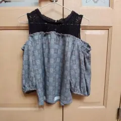 オフショルダー レース チェックシャツ フリーサイズ