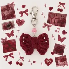 ハンドメイド ニットリボンのチャーム レッド