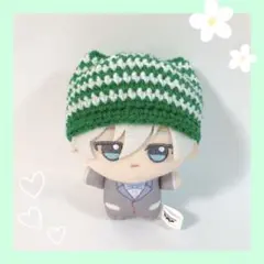 ちびぐるみ ぬい服 猫耳ボーダーニット帽 緑×白　ハンドメイド 編み物