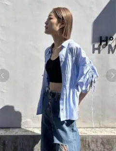 Ungrid＊アングリッド＊ギャザーデザインハーフスリーブシャツ＊ブルー＊5分丈