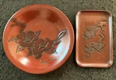 鎌倉彫 峰緑堂 楕円盆 長手盆 36cm 紅葉 もみじ 木製漆器 朱塗り