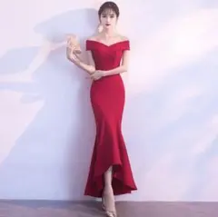 レッド オフショルダードレス　マーメード