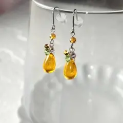 No1120サンフラワーガラスドロップ&ぷっくりカラフルガラスピアス　316L