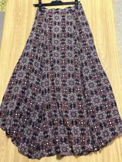 総柄ロングスカート 幾何学模様 ウエスト後ろゴム フレアスカート