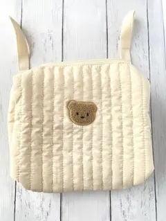 くまさん刺繍 キルティング ベビーカーバッグ おむつ入れ ベージュ　刺繍
