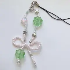 ㉕ ビーズキーホルダー ストラップ ハンドメイド リボン クローバー ピンク