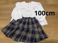 zarakids 長袖白フリルブラウス　プティマイン　チェック柄プリーツスカパン