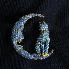 ブローチ　ラインストーン　ムーンキャット　キラキラ　ブルー
