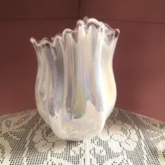 昭和レトロ　ガラス花瓶　オーロラホワイト　ビンテージ