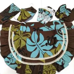 ハワイアン　ミニエプロン　ハンドメイド　5点セット　ブラウン×ターコイズ