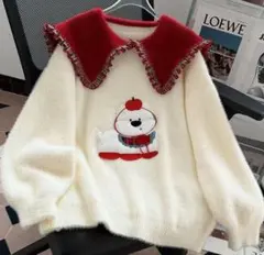 新品✨送料込み フワフワニット 赤チェックフリル襟 クマ刺繍 トップス