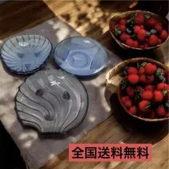 ブルー，パープルガラスプレート 皿 3枚セット 昭和レトロ 食器