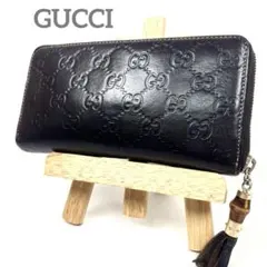 グッチ　長財布　GGシマレザー　バンブータッセル　ラウンドファスナー　ロゴ　本革