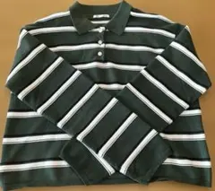 GU ダークグリーン　ストライプ ポロシャツ 長袖