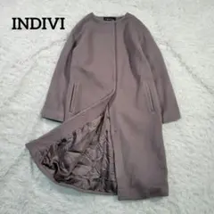 美品☆インディヴィ　ウールコート　ロング　ノーカラー　ウール100　ブラウン　S
