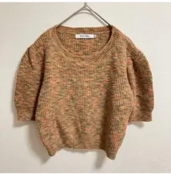 Knit Mix マルチカラー ニットセーター 五分袖　Lサイズ オレンジ系