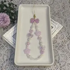 B-20 ハンドメイド フラワービーズのストラップ　パープル