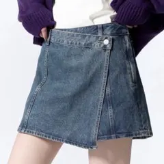 GU デニムラップスカート ブルー S アシンメトリー ショーパン ジーユー