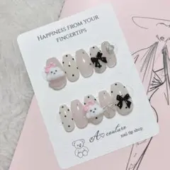 現品ネイルチップ୨୧プードル×リボン୨୧量産型ワンホン⟡韓国ショートバレリーナ